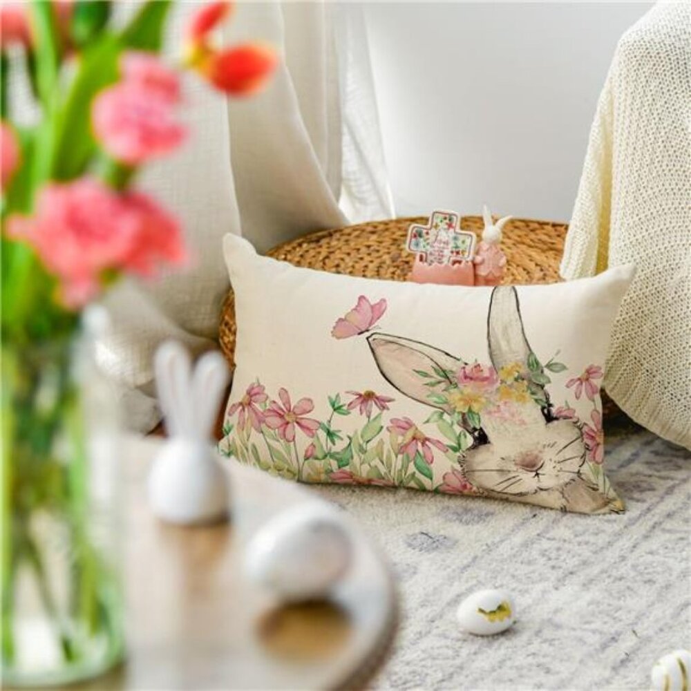 Easter Floral Garland Bunny Throw Pillow Cover, 12 x 20 Inch